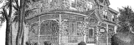 A black and white drawing of a state stone home with large wrap around porch